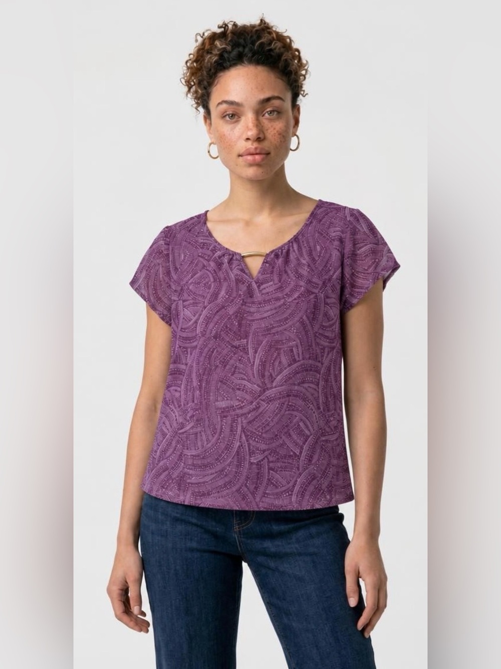 CROFT & BARROW Short Sleeve Purple Printed Top
